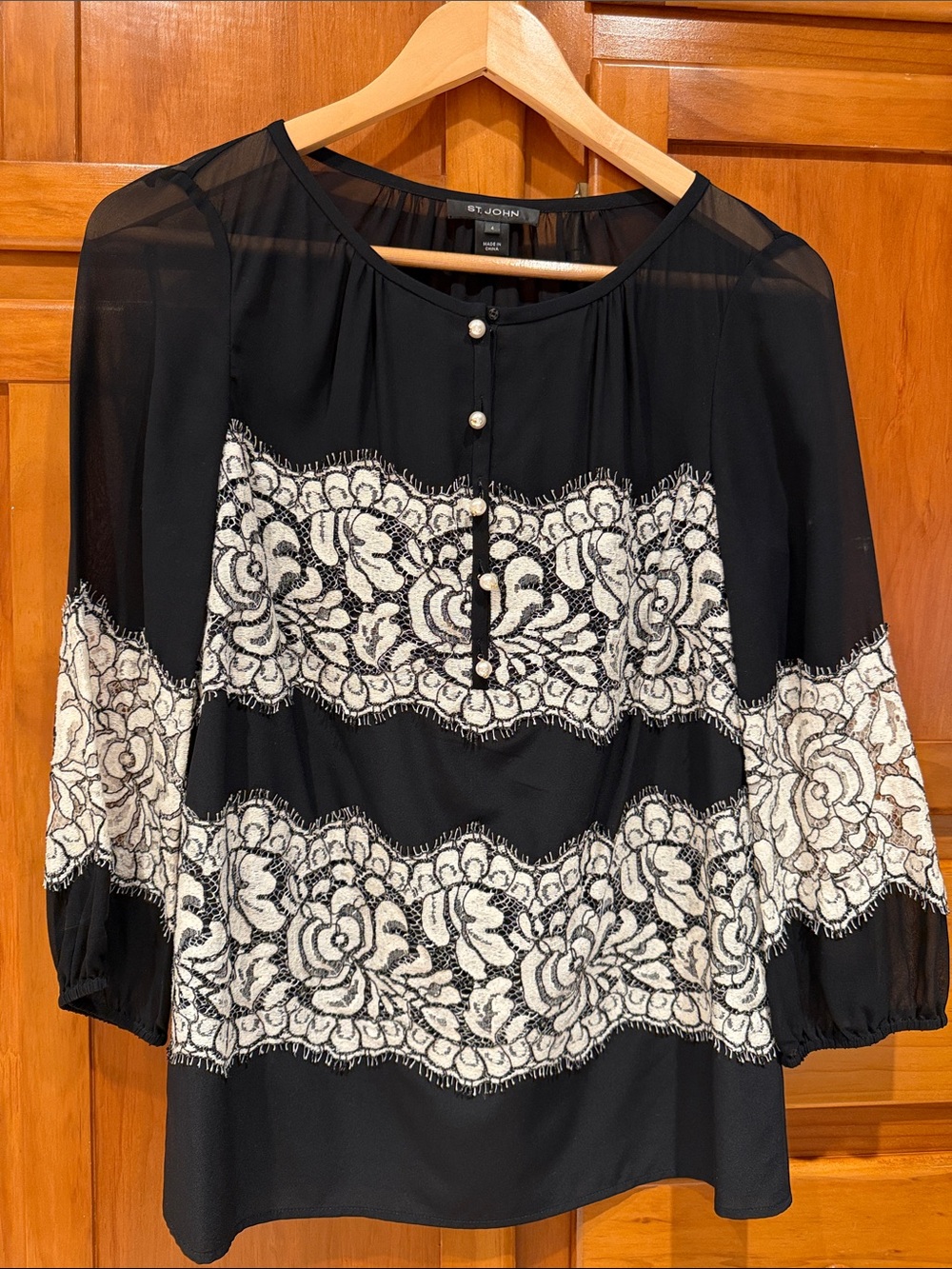 St. John Black and White Lace-Trim Silk Pullover Blouse